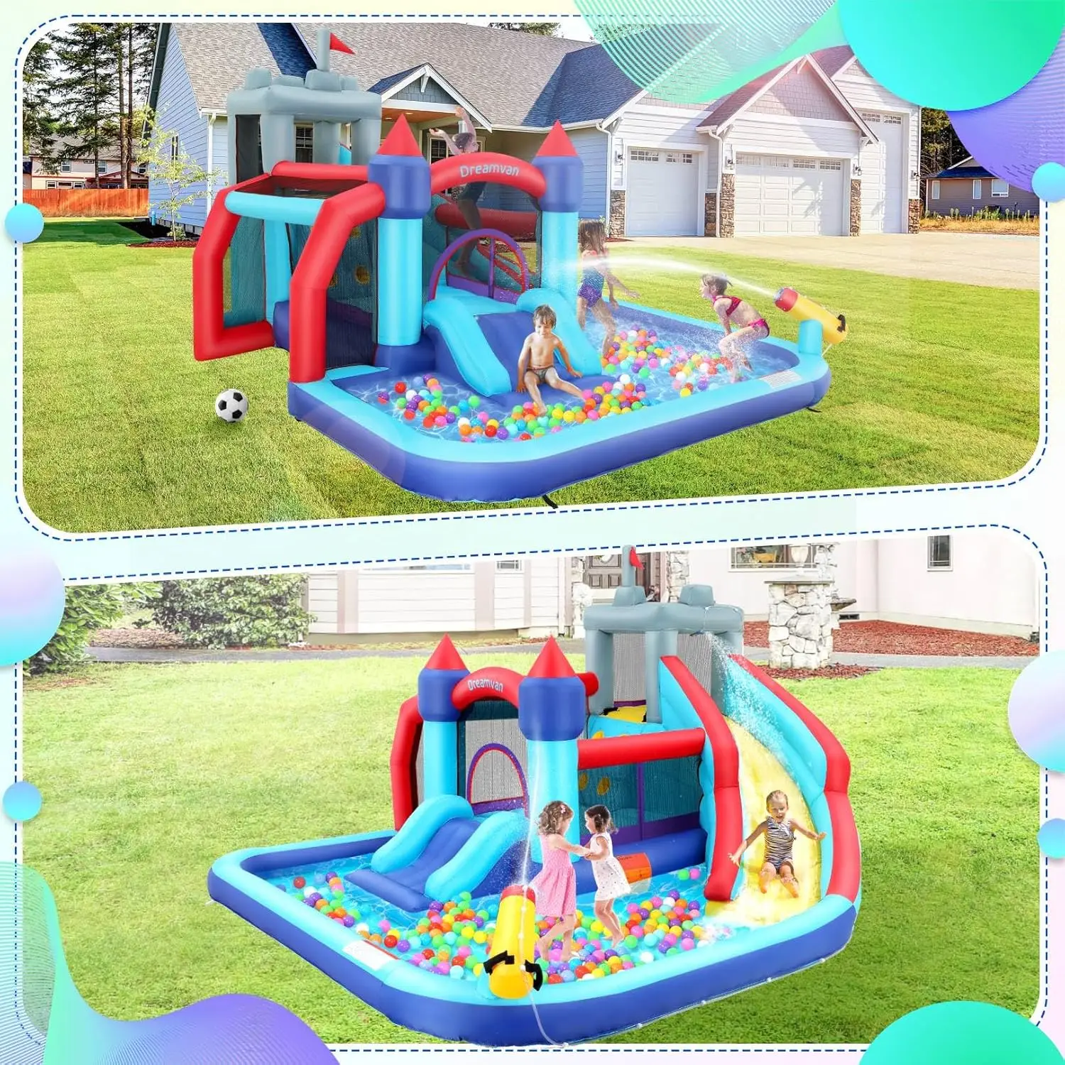 Nadmuchiwana zjeżdżalnia wodna, 10 W 1 Bounce House Park wodny z 580W ścianką wspinaczkową dmuchawy, basen rozbryzgowy, armata, obszar skoku, Basketba