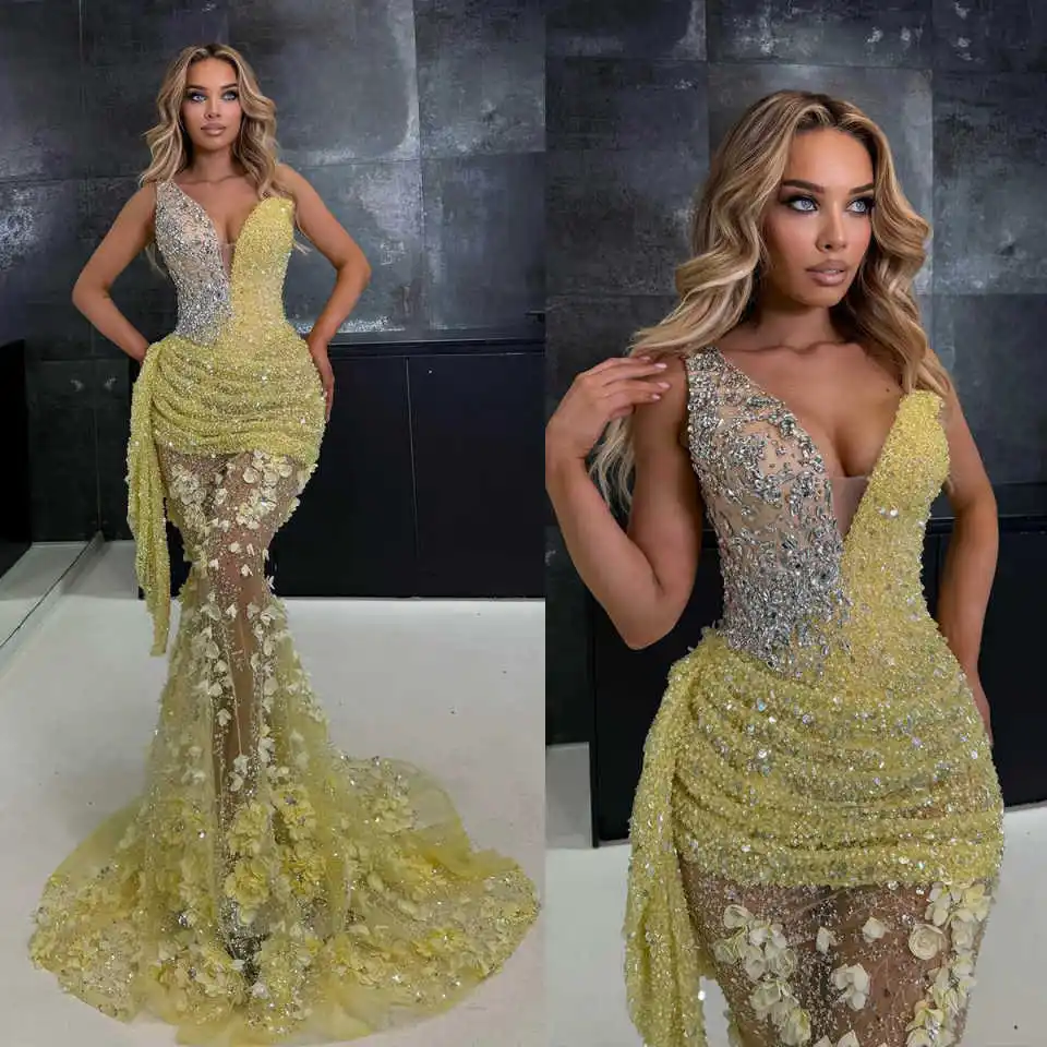 

Glitter Sequined Prom Dresses Elegant One Shoulder Crystal Evening Dress Illusion Floor Length Applique Party Gown Customized
