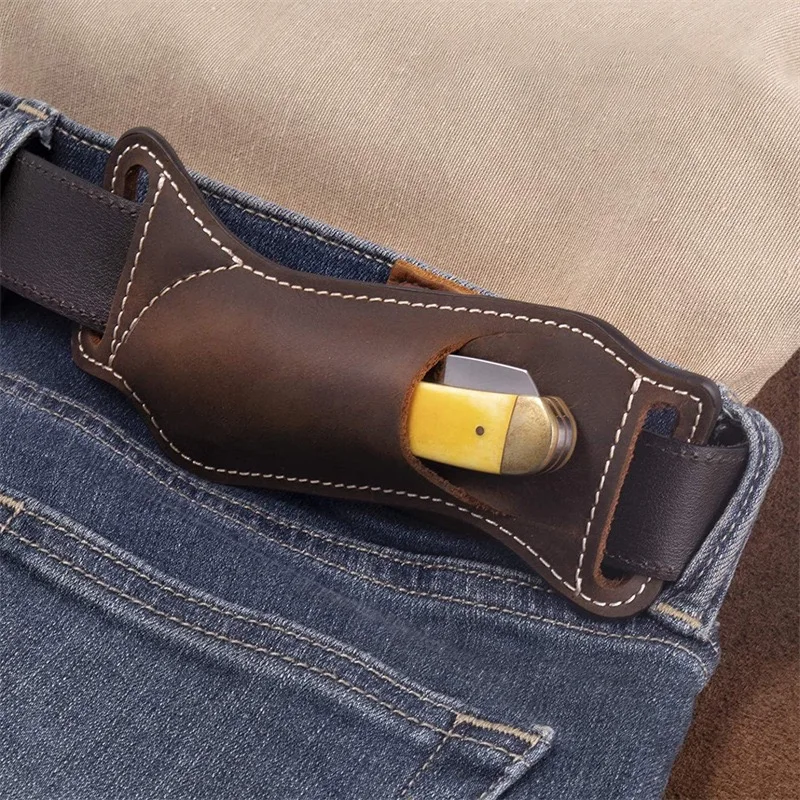 Outdoor Waist-Mounted Genuine Leather EDC Knife Sheath/Pouch – Belt-Loop Carry for Folding Knives & Balisongs