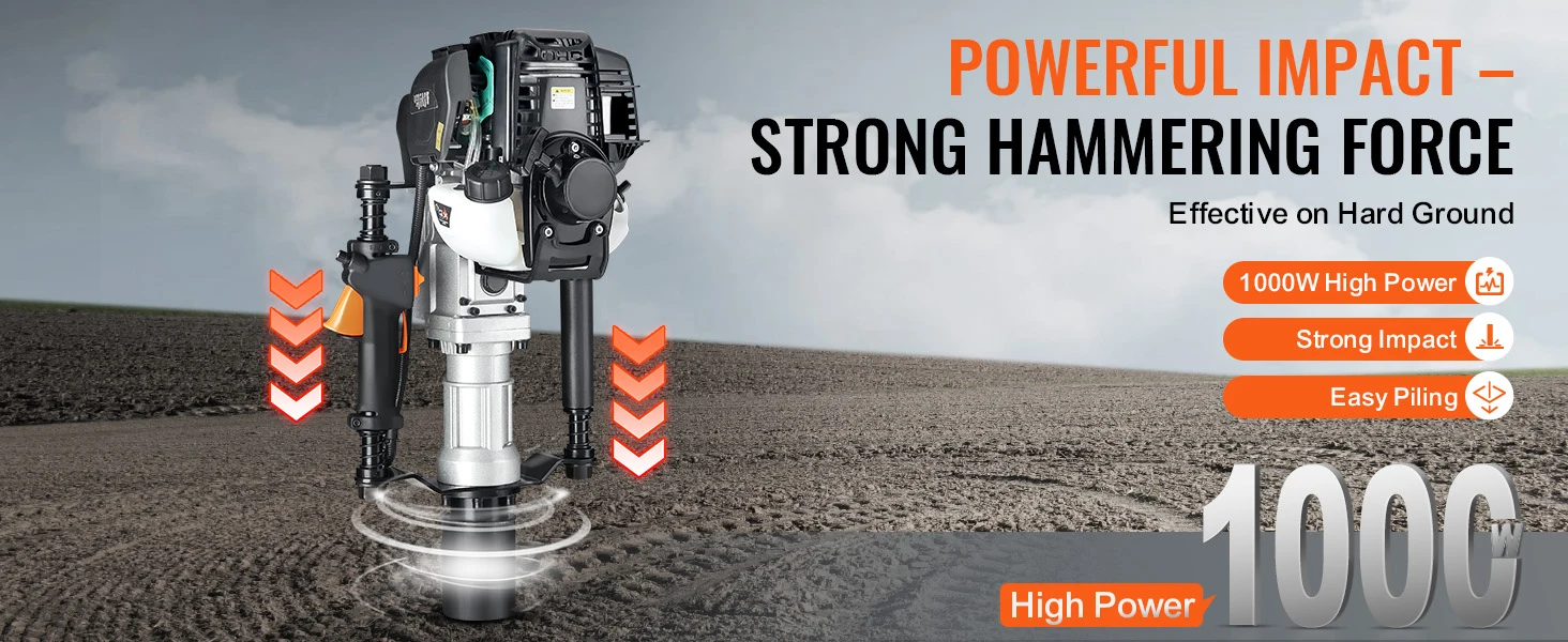 SucceBuy 37.77cc Gas-Powered T Post Driver 4-Stroke Engine Piling Pounder 2 Post Driving Head(55/70mm) 1000W Portable Piledriver