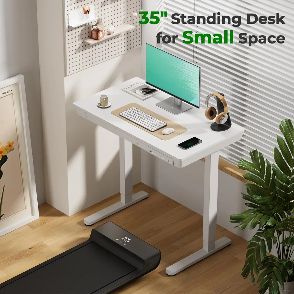 Electric Height-Adjustable Desk with Storage: 35" x 20" Compact Standing Desk