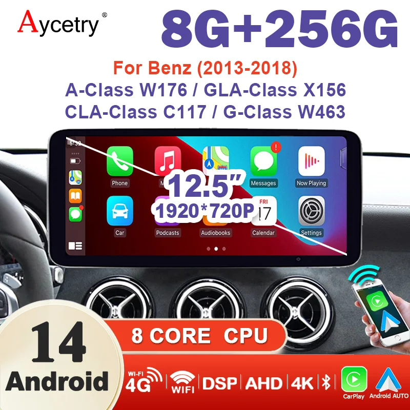 Écran Radio automatique sans fil Carplay Android 14, pour Mercedes Benz GLA/CLA/G/A classe W176 X156 C117 W463, PC de voiture multimédia 4G LTE