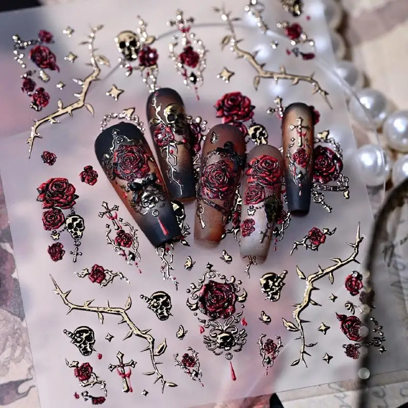Gothic 3D Nail Art Stickers Embossed Red Rose Skull Thorn Designs For Halloween Cosplay DIY Manicure Salon Use