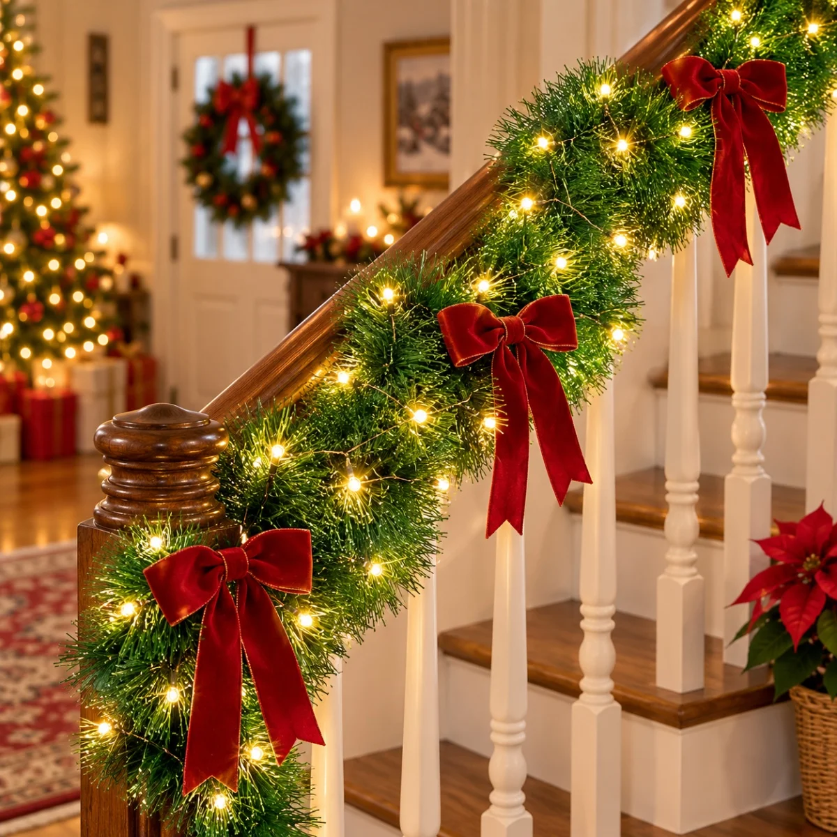 1pc 50LED Copper Wire String Light With Green Artificial Tinsel Garland Battery Powered For Home DIY Festive Christmas Decor