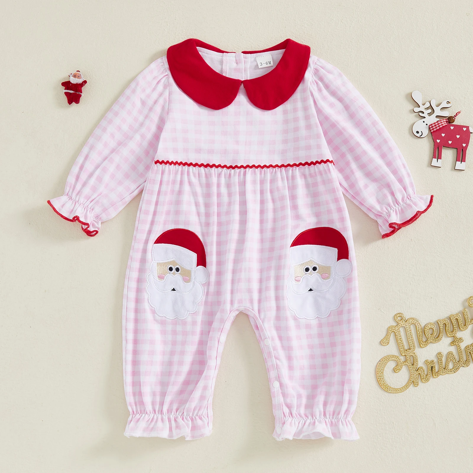 

Baby Girls Jumpsuit Long Sleeve Doll Collar Plaid Santa Claus Romper Christmas Clothes