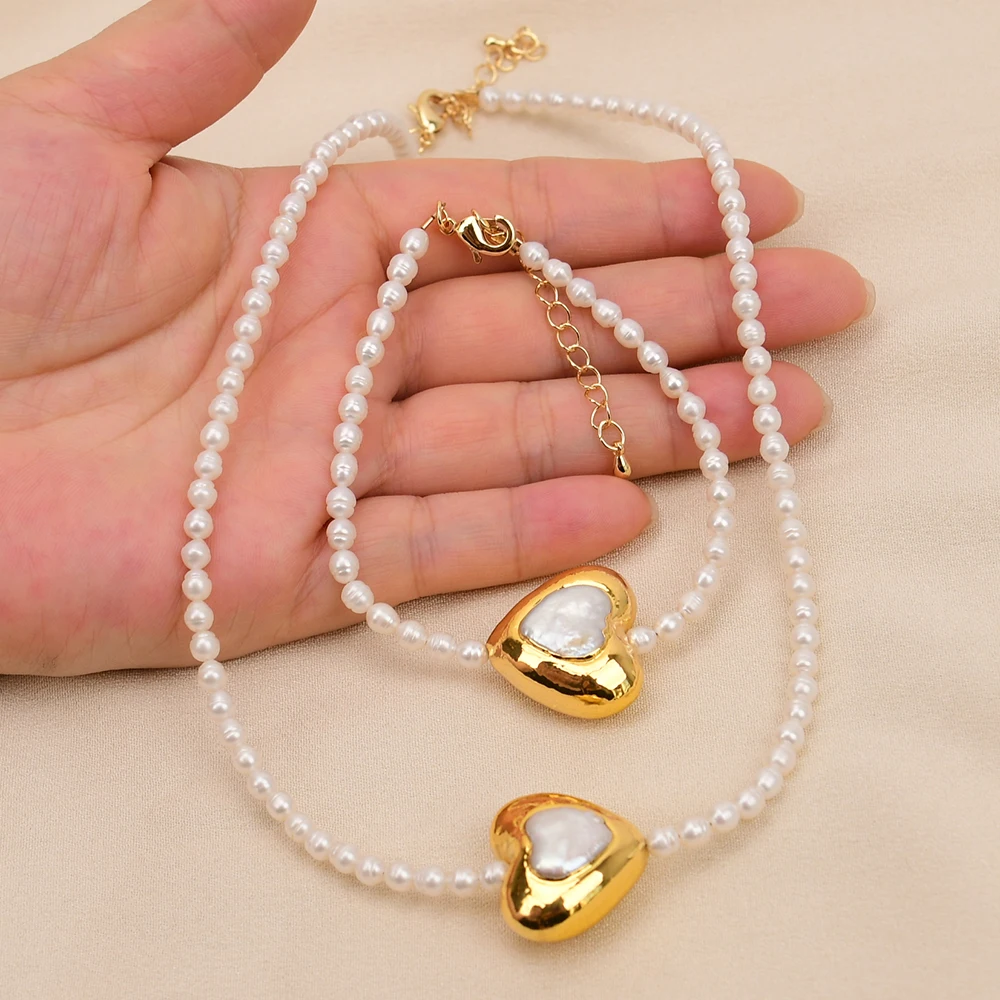 G-G Cultured White Rice Pearl Gold Edged Heart Pearl Pendant Necklace Bracelet Sets