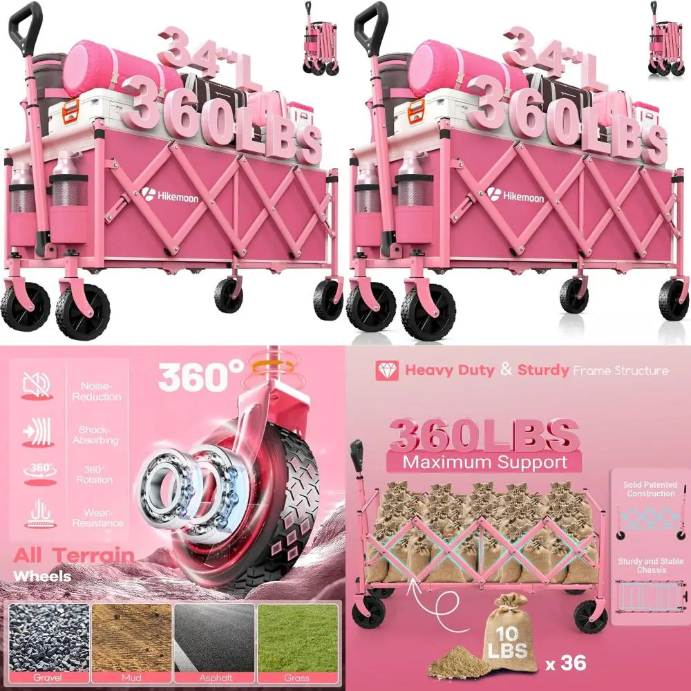 

Extra Long Collapsible Utility Wagon, 360lbs Capacity, Ideal for Beach, Outdoor, Grocery, Garden, Sports, Camping, Pink