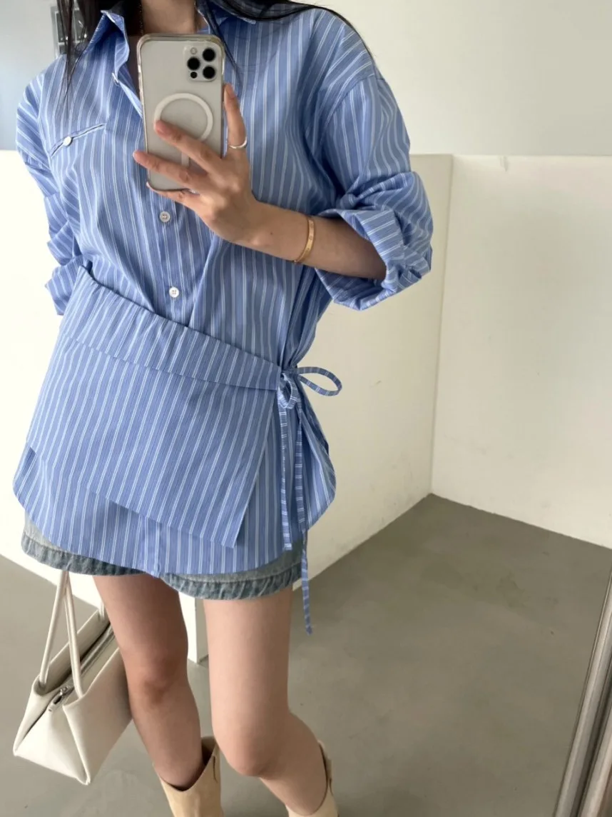 

Шикарный комплект из двух предметов: рубашка с длинным рукавом в вертикальную полоску и пояс, женский модный весенний новый дизайн, для офиса, средней мягкости