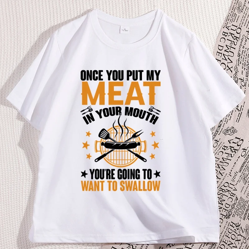 

Funny Meat in Your Mouth T Shirt Causal Cotton Short Sleeve Fathers Day Tees Loose Printed Round Neck Men's Clothing Tops