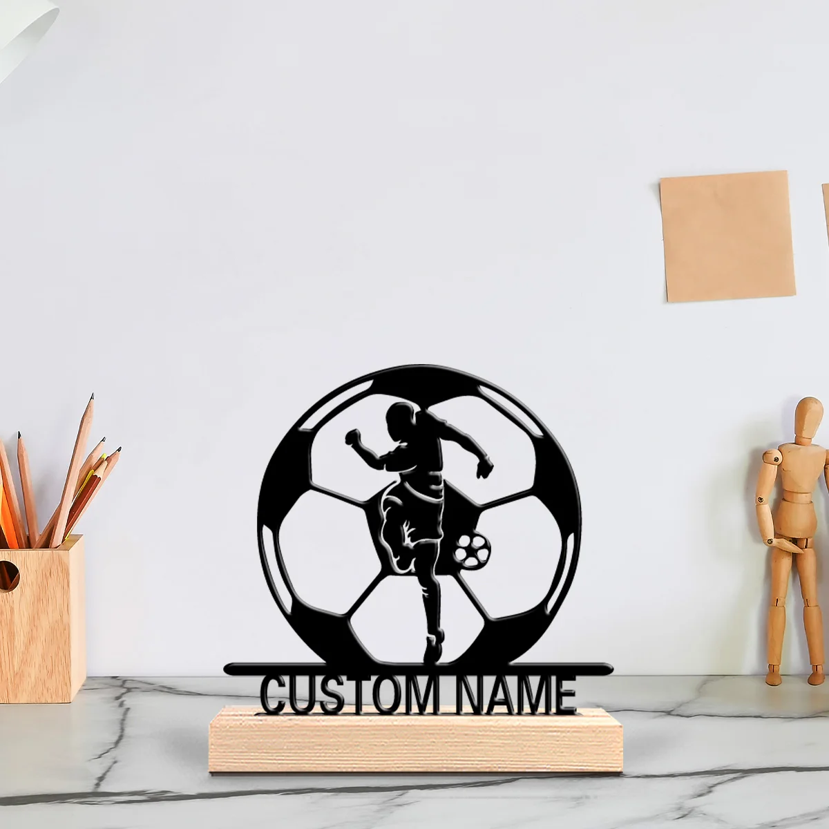 1pc Creative soccer Custom Letter Metal Statue Metal Ornament Art Crafts With Wood Base With Wood Base For Kids Gifts