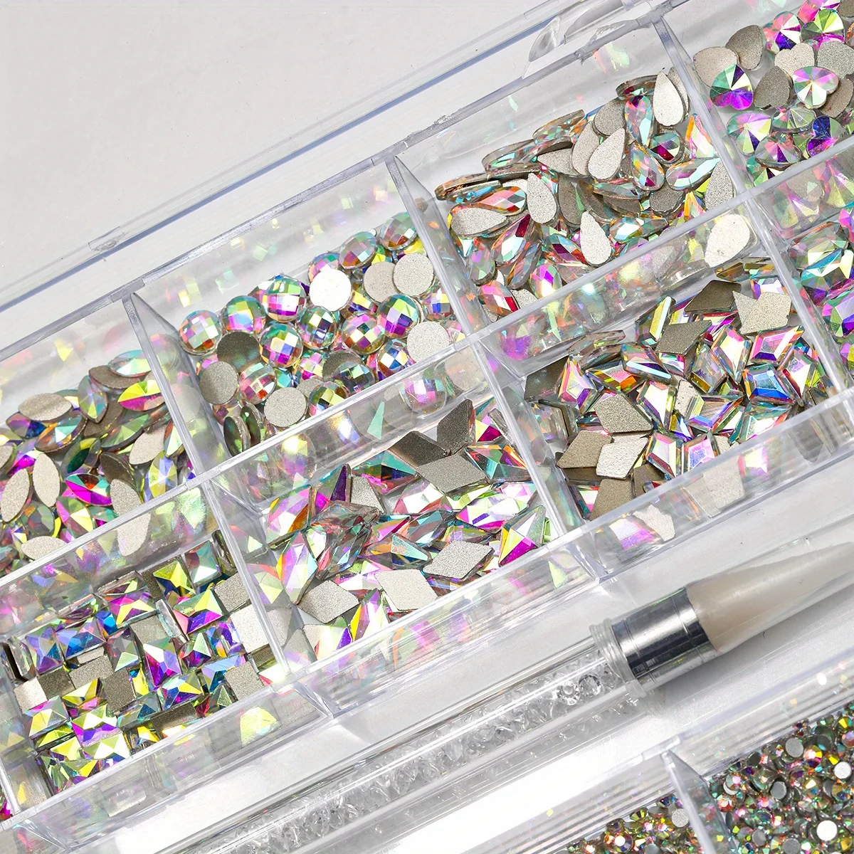 1 Box AB Color Multi Shapes Nail Rhinestones Kit Mixed Size Flatback Crystals with Pickup Pen for DIY Nail Art Manicure Salon Decorations