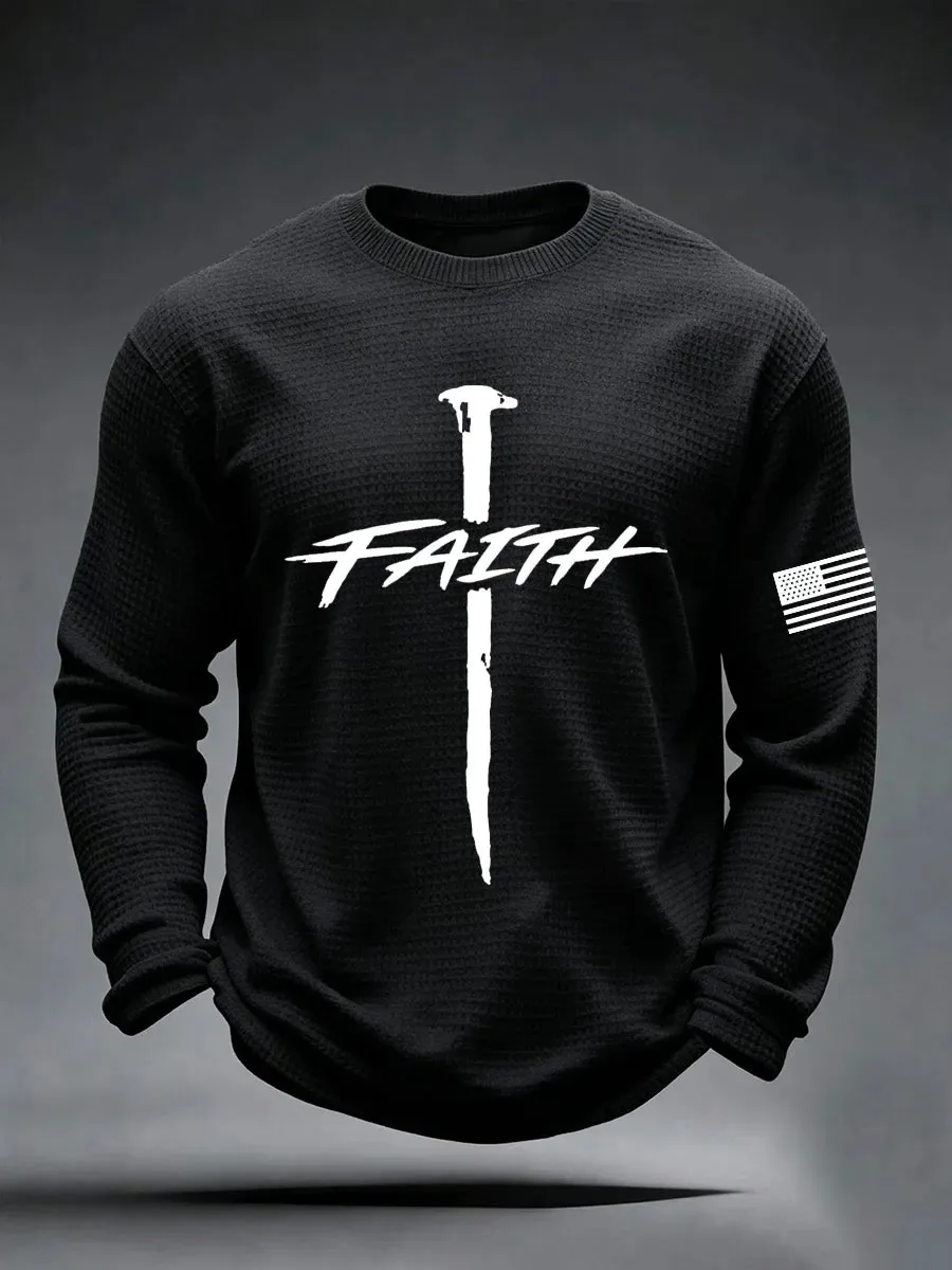 New Men's Long-Sleeve T-Shirt Solid Color With Cross Print Round Neck Faith-Themed Long-Sleeve T-Shirt Men's Casual Top