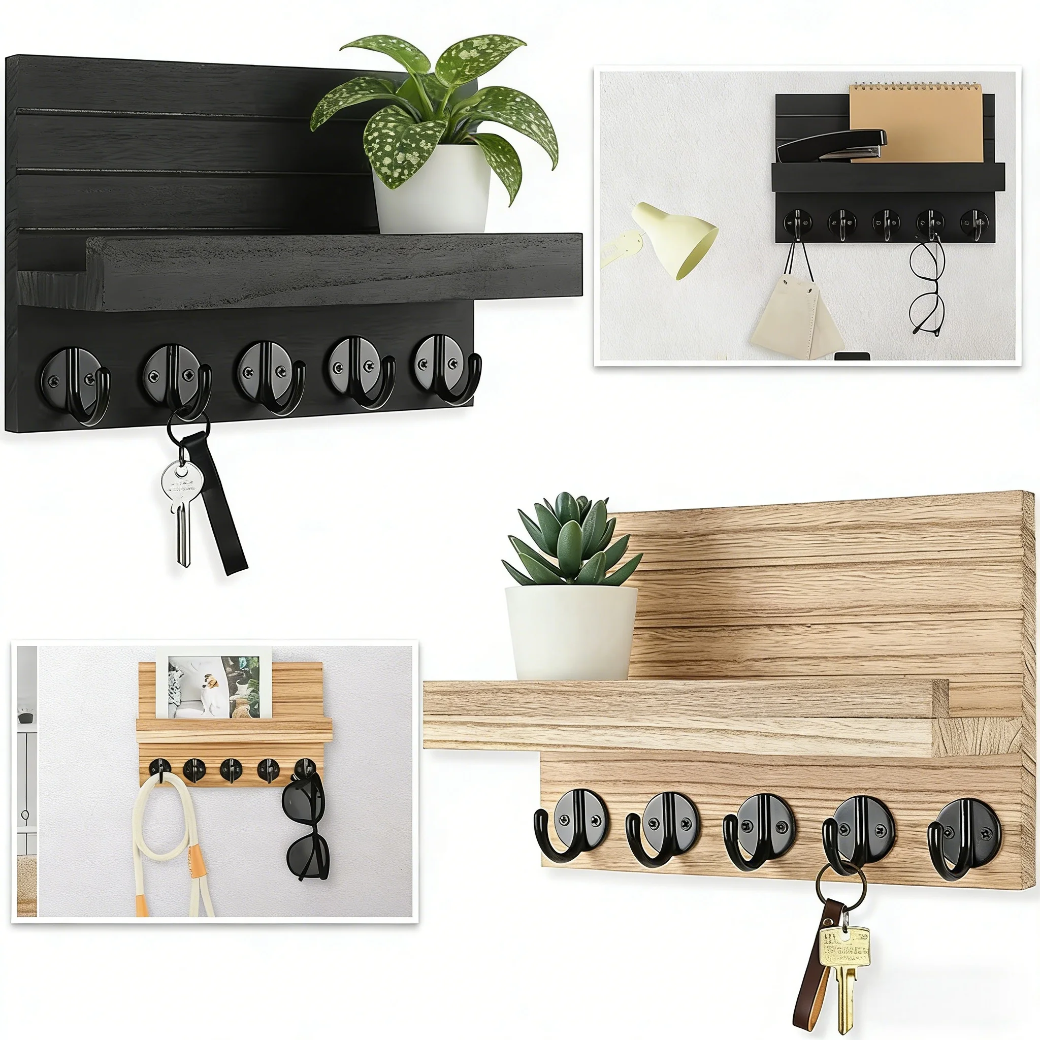 Perchero de Pared de Madera Resistente, Perchero de Pared con 5 Ganchos Triples para Ropa, Chaqueta, Sombrero, Llaves, Ahorro de Espacio