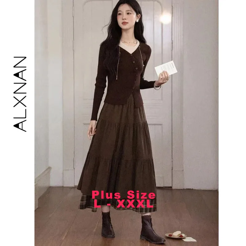 

ALXNAN винтажная клетчатая лоскутная юбка больших размеров, женская осенняя длинная юбка с высокой талией, элегантная женская юбка с эластичной резинкой на талии D57227