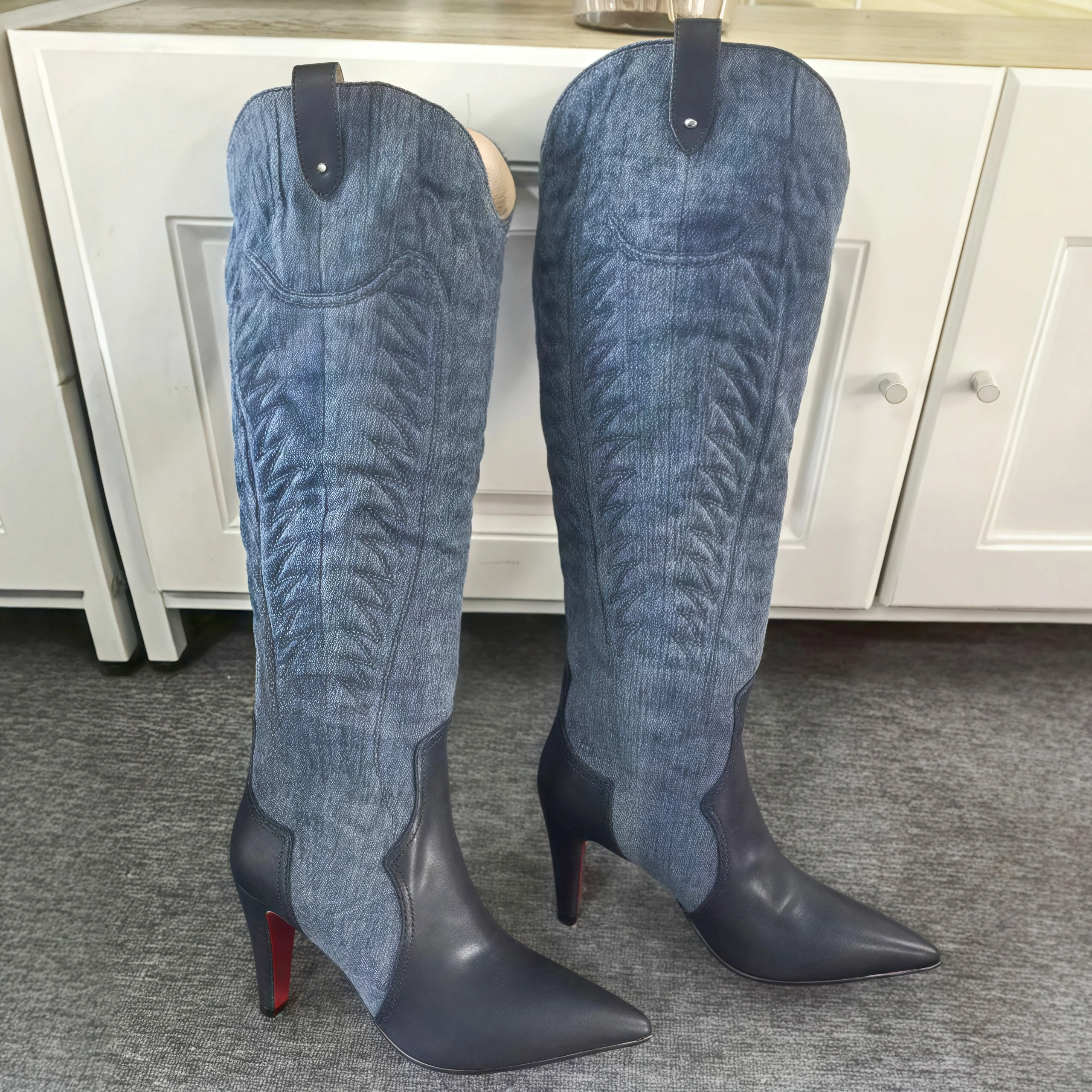 Pointed Toe Flannel Boats Embroidered Leather Knee-High Boots Women  High Heels Designer Style Slip On Winter Long Booties 2025