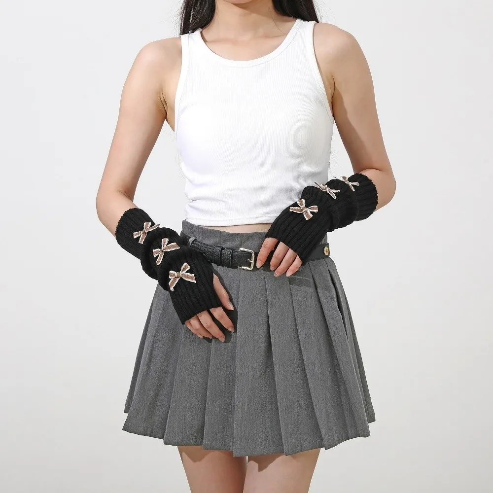 Fashion Thicken Bow Arm Warmers Long Knit Soft Knitted Y2K Fingerless Gloves Sweet Bowknot Sleeve Cover Autumn