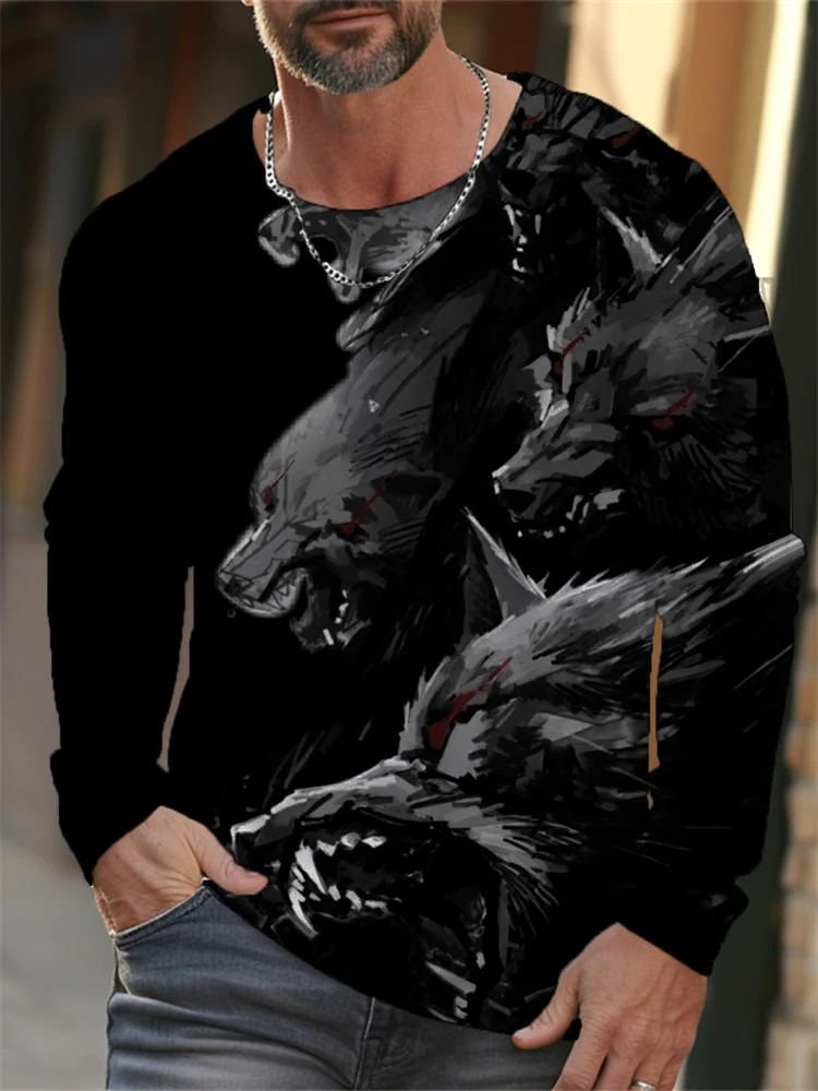 New Style Fashion Men's Long-Sleeved T-Shirt 3D Printed High-Definition Wolf Animal Men's Autumn Casual Round Neck Clothing Tops