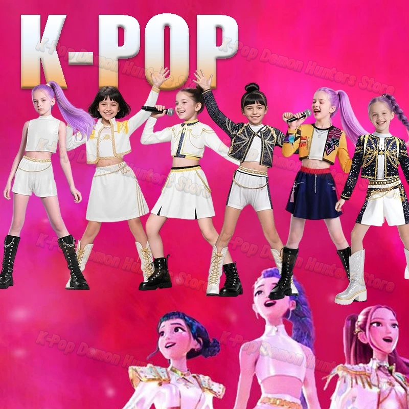 

Halloween New Kpop Demon Kids Hunter Cosplay Rumi Zoey Mira Cosplay Full Suit Girls Style Kids Stage Performance Clothes