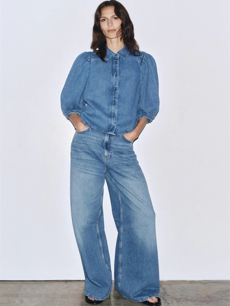 

Women's High Waist Wide Leg Jeans Bubble Sve irt Stand Collar Faion Set Cotton Long Pants Seven Sve Cotton Denim