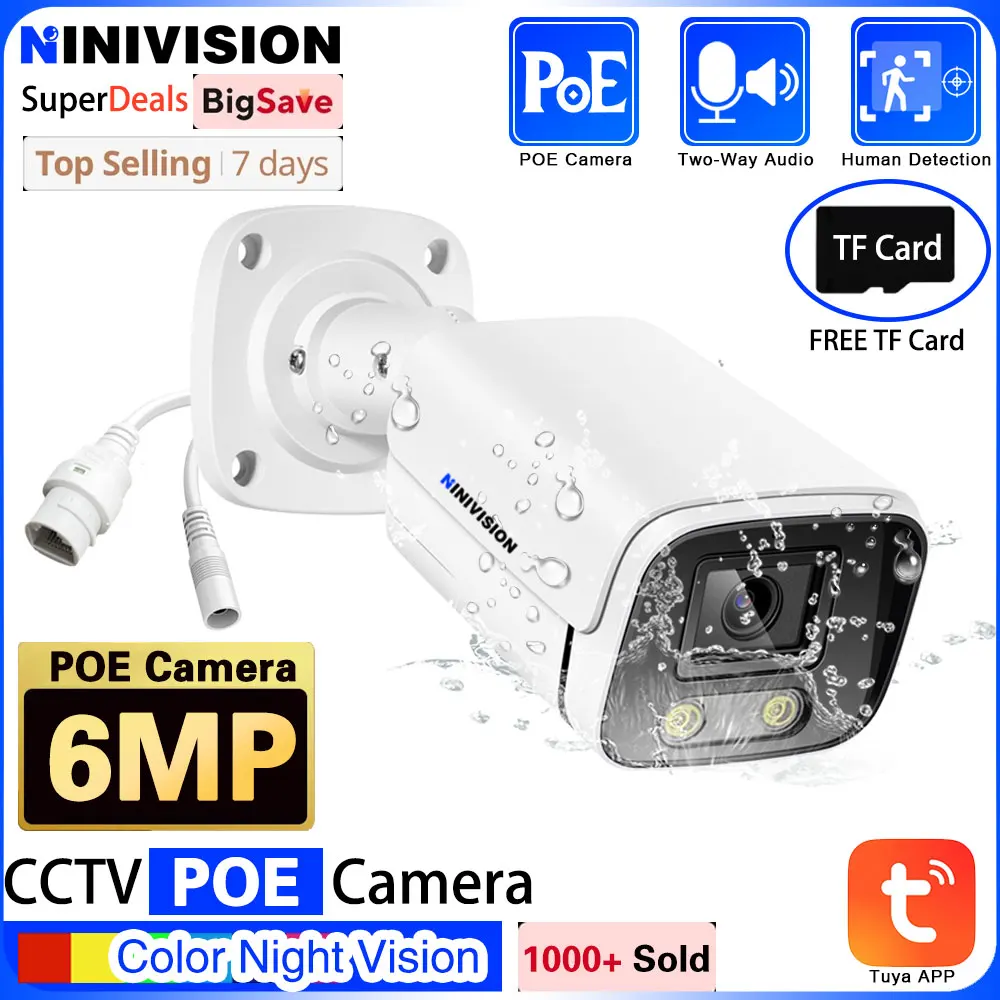 6MP ColorVu Night POE IP Camera Two-way Audio Support 128G SD Card Slot Surveillance IP Camera TUYA&Smart Life Home APP Remote