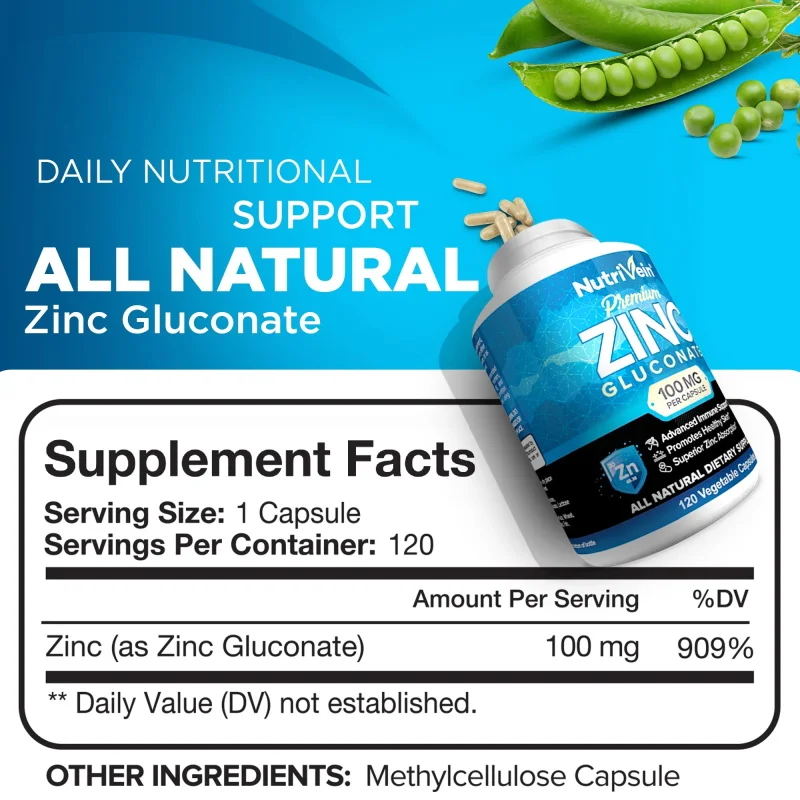 Premium Zinc Gluconate 100 mg - 120 Capsules - Advanced Immune Support for Healthy Skin