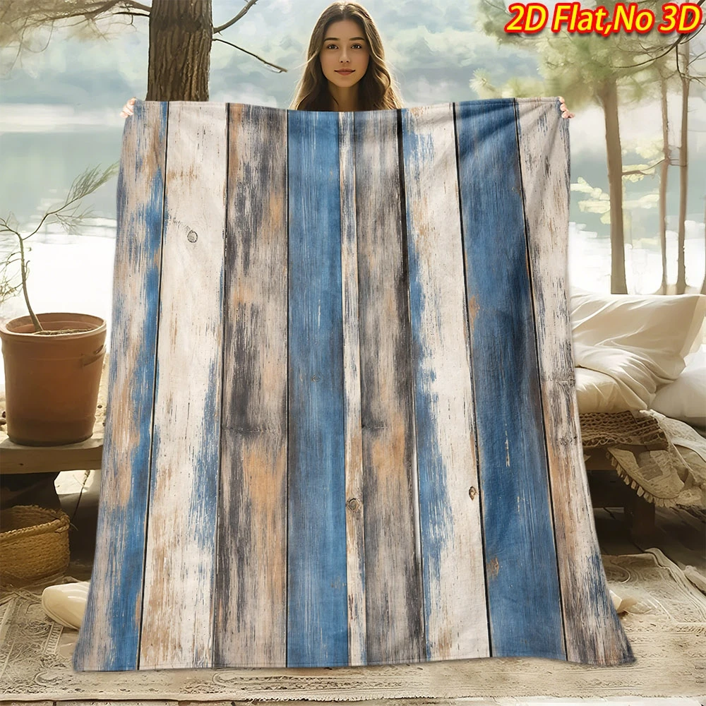 1pc 2D Flat Printing Spring & Summer New Arrival Vintage Blue and White Wood Grain Themed Digital Print Blanket, Suitable for Al
