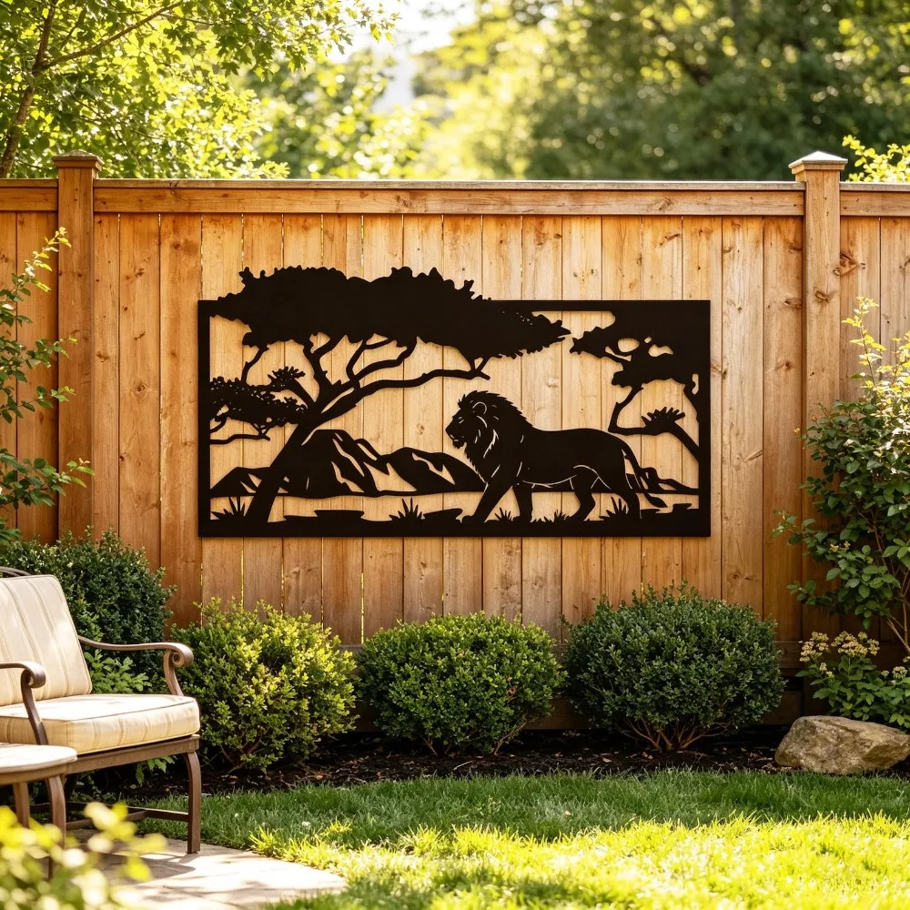 African Savannah Lion Metal Wall Art, 2D Flat Laser Cut Safari Wildlife Silhouette Wall Sculpture, Retro Boho Style