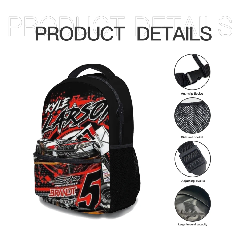 New Fashionable  kyle Larson Backpack Bag Large Capacity Trendy Book Bag Multi-pockets Adjustable 17inch