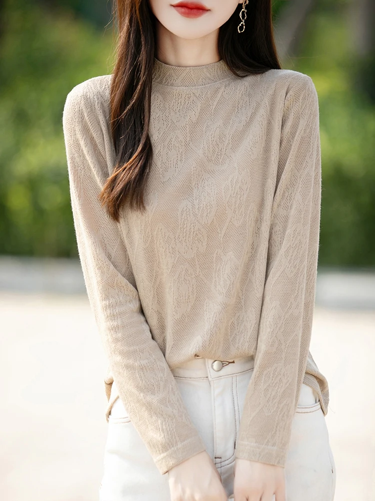 

Женская футболка с длинным рукавом, тонкая свободная рубашка с воротником-стойкой, весенне-летние топы с вышивкой, модная корейская рубашка под рубашкой, повседневная нижняя рубашка