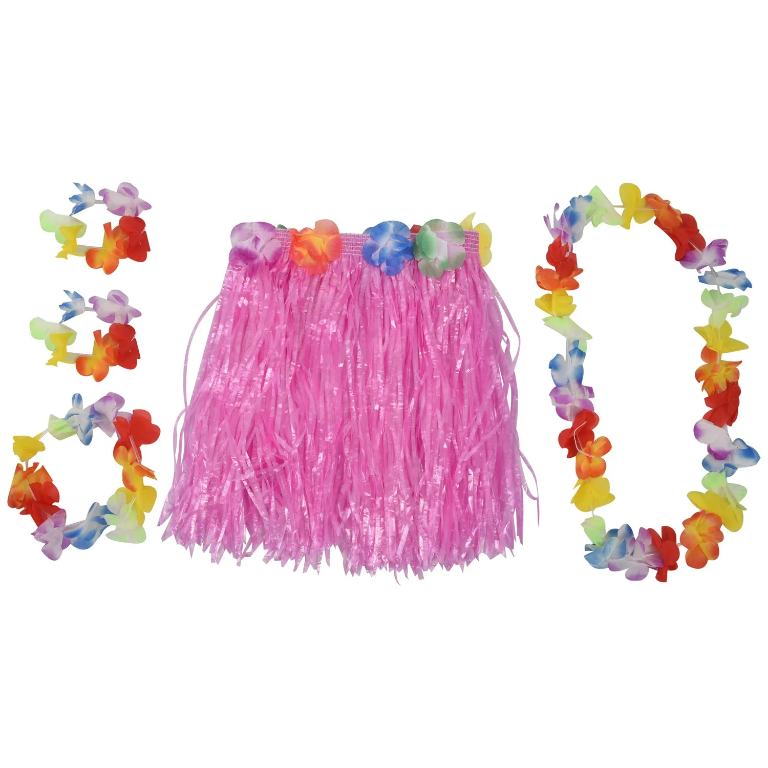 Set Pink Children Hawaiian Grass Skirt Hula Luau Party