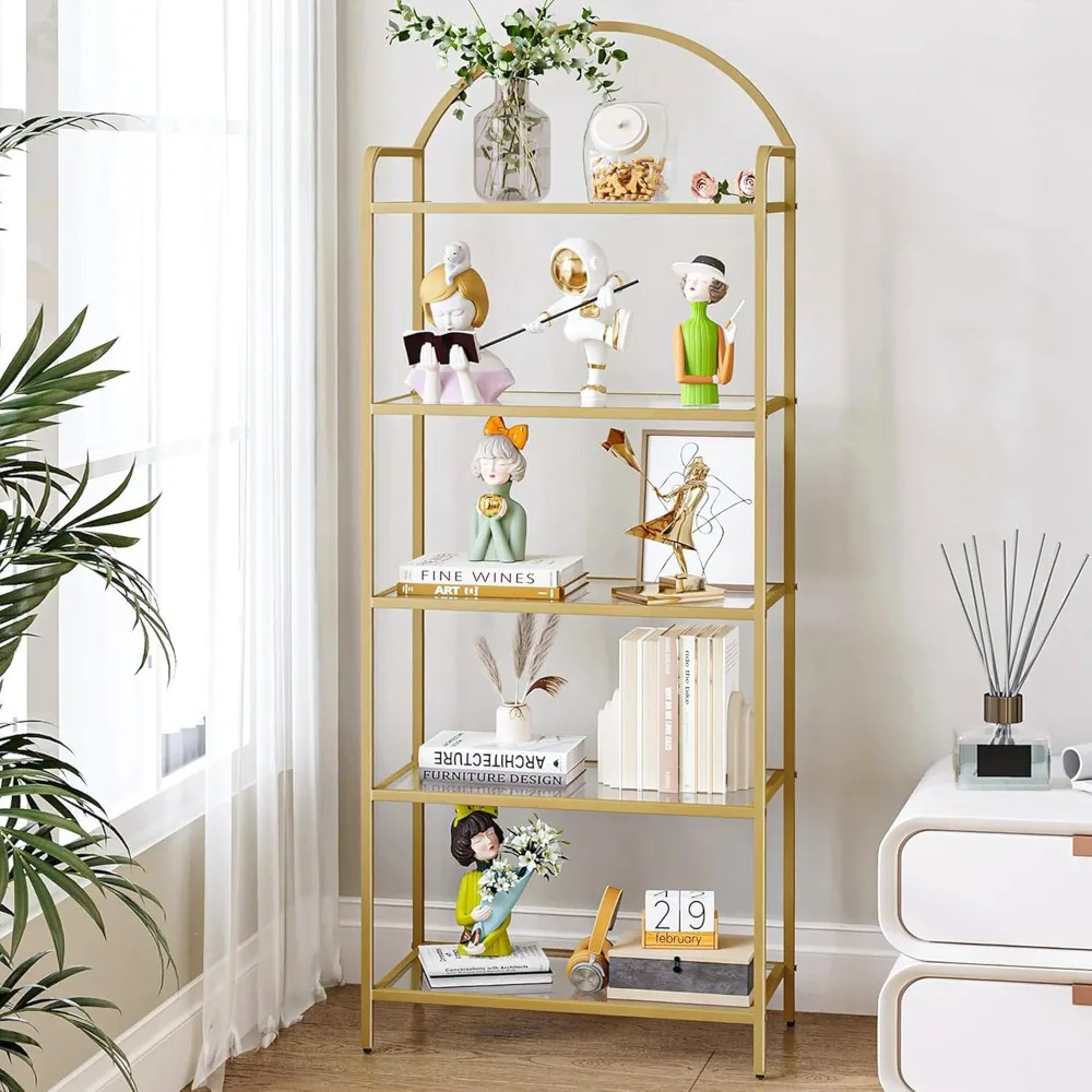 

Bookcase Bookshelf, Tempered Glass Bookshelves, Slim Shelving Unit for Bedroom, Bathroom, Home Office, Steel Frame, 5 Tier Gold