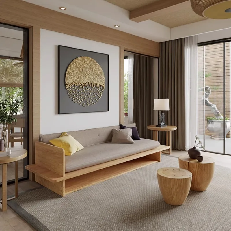 شقة صغيرة إسكندنافية على الطراز الياباني أريكة سجل B & B أثاث غرفة المعيشة الرجعية مع أدراج أريكة مزدوجة ثلاثية من الخشب الصلب
