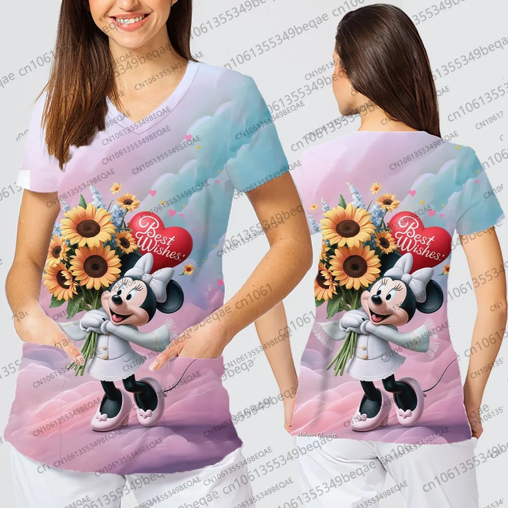 2025 الصيف Y2k الخامس الرقبة قصيرة الأكمام المرأة تي شيرت مع جيب ديزني الطباعة العصرية الأعلى ملابس الشارع الشهير الإناث