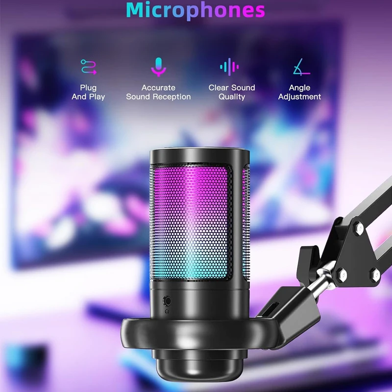 USB ميكروفون إلغاء الضوضاء مكثف هيئة التصنيع العسكري RGB تعليق قوس لبث بودكاست تويتش يوتيوب ديسكورد الكمبيوتر PS4 PS5