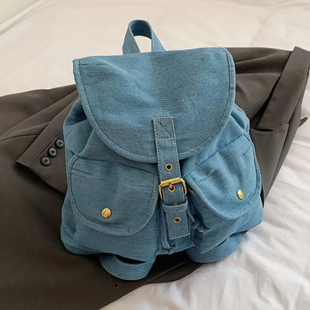 Mochila vaquera de estilo coreano con cordón, bolso de hombro de tela Oxford versátil de gran capacidad, impermeable, con múltiples bolsillos