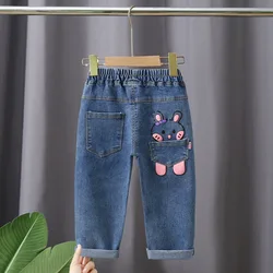 Kids Girl Jeans Floral Cartoon Long Pants Spring Autumn Graffiti Painting Print Casual Trousers with Hole Children Denim Pants