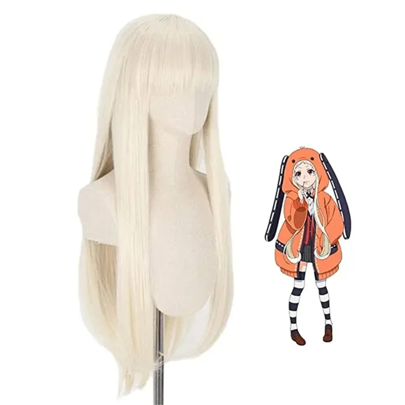 Anime Cosplay Kakegurui Runa Yomozuki Synthetic Wigs Long Straight Heat Resistant Wig Natural Gold with Bang   Wig Cap