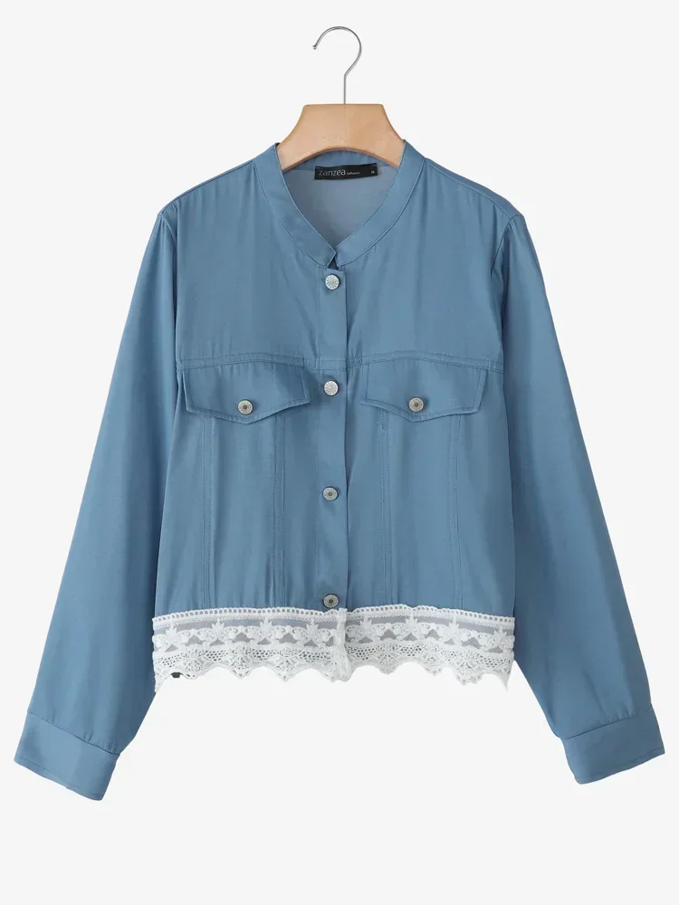 ZAZNEA Women Stylish Shirts Autumn Long Sleeve Tunic Tops Buttons Casual Blouse Lace Patchwork Loose Streetwear Blusas Cardigans