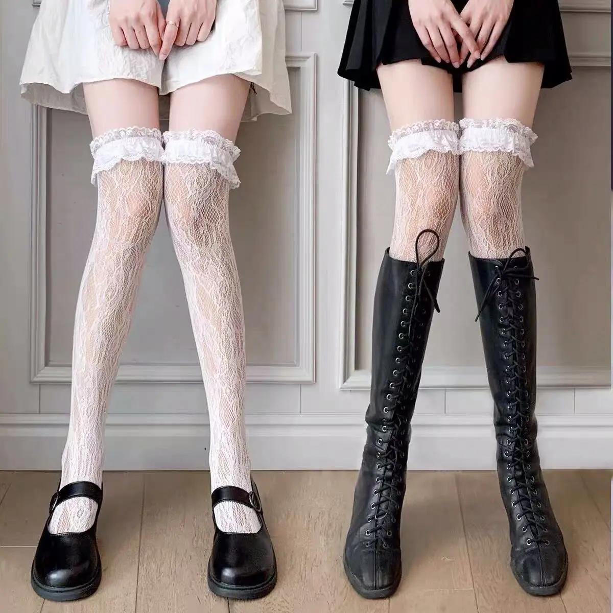 Lolita Stockings Hollow Lace Thigh High Thin Floral White Socks Girl Lolita Cute Japanese Jk Black Over The Knee Stockings