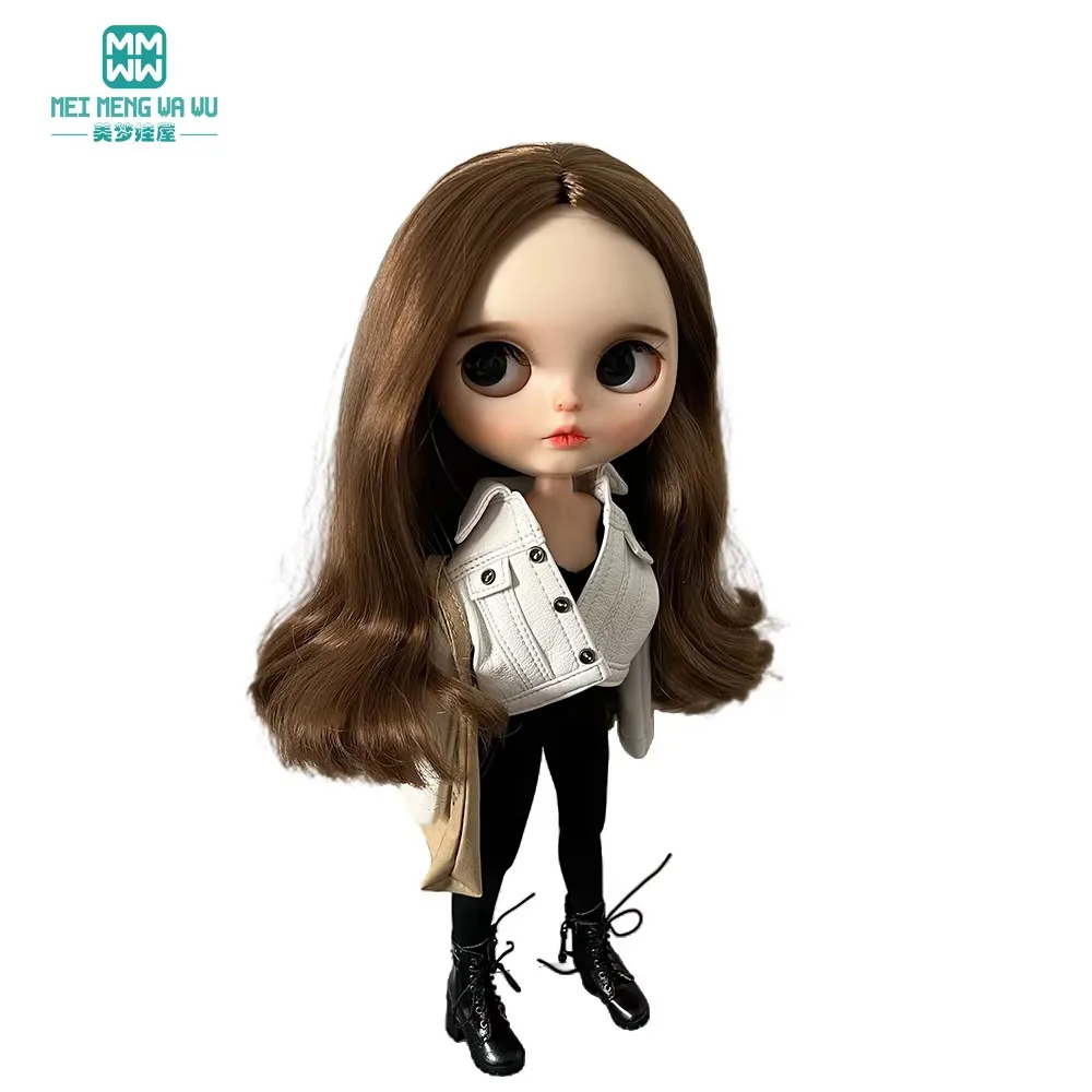 mini Toys Doll clothes leather jacket black white coffee brown for 28cm Blyth Azone OB22 OB24 gift