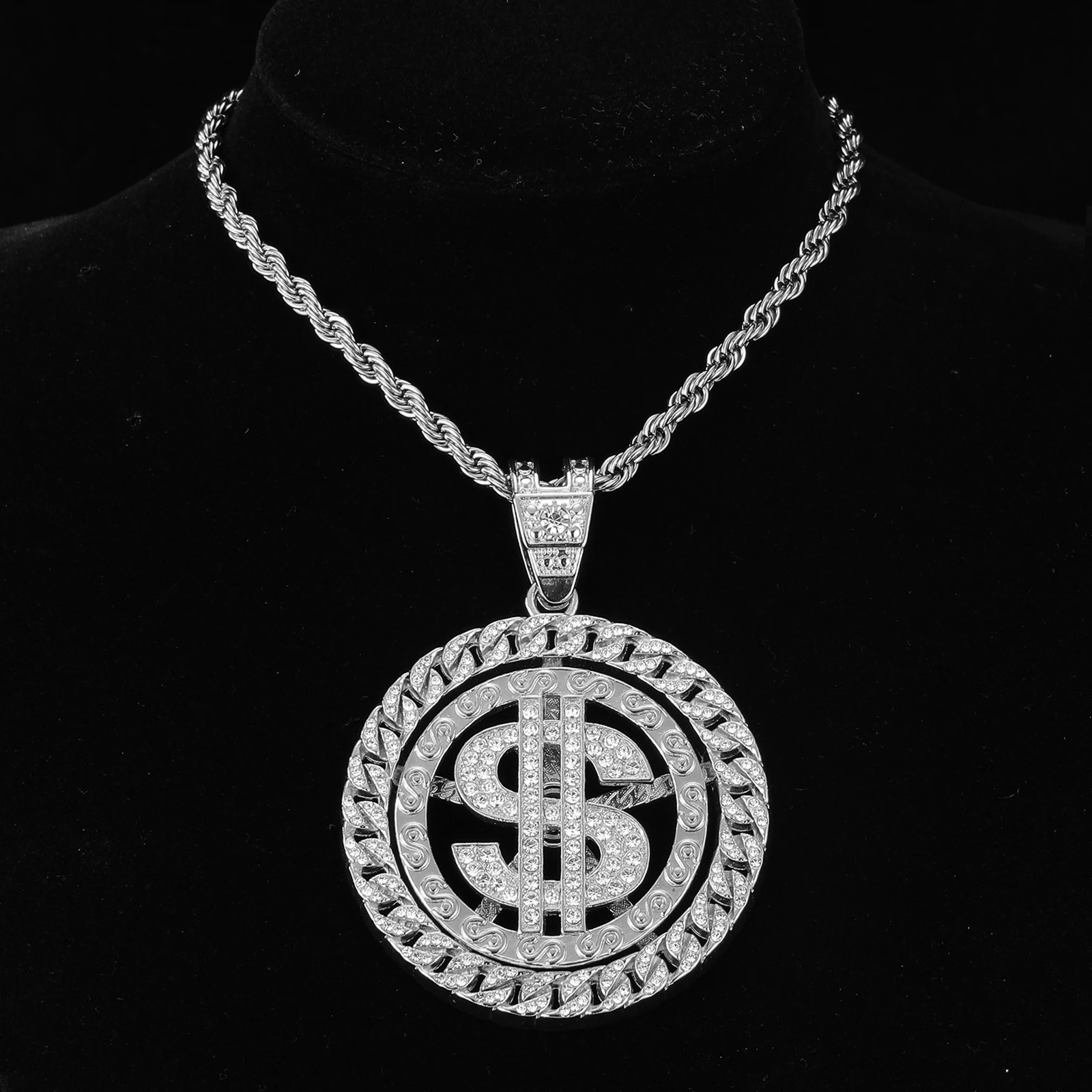 HIP HOP Rotatable Dollar Iced Out 13mm Miami Cuban Link Chain Pendant Necklaces Tennis Chain For Men\'s Women Rapper Jewelry