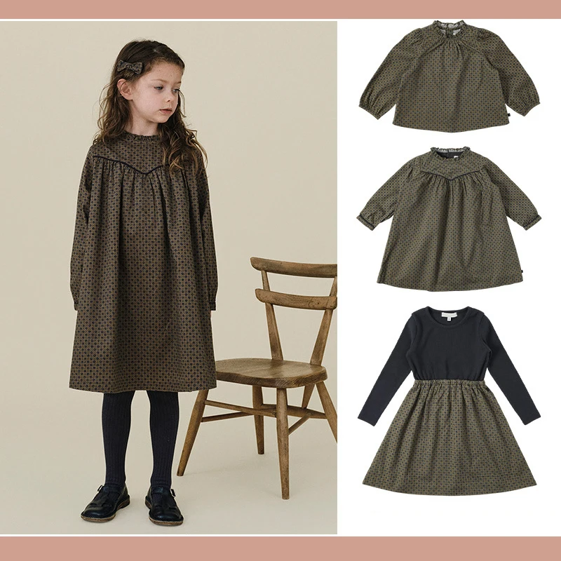 

Children's Dress 2025 Autumn and Winter BENE New Style Girls' Cotton Retro Printed Long Sleeve Dress Girl Spliced Dress