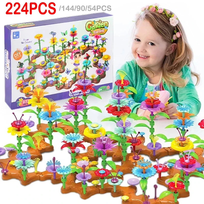 Jouets de construction de jardin de fleurs pour enfants, assemblage de blocs de construction de plantes bricolage, jeux d'empilage créatifs, jouets Montessori dos