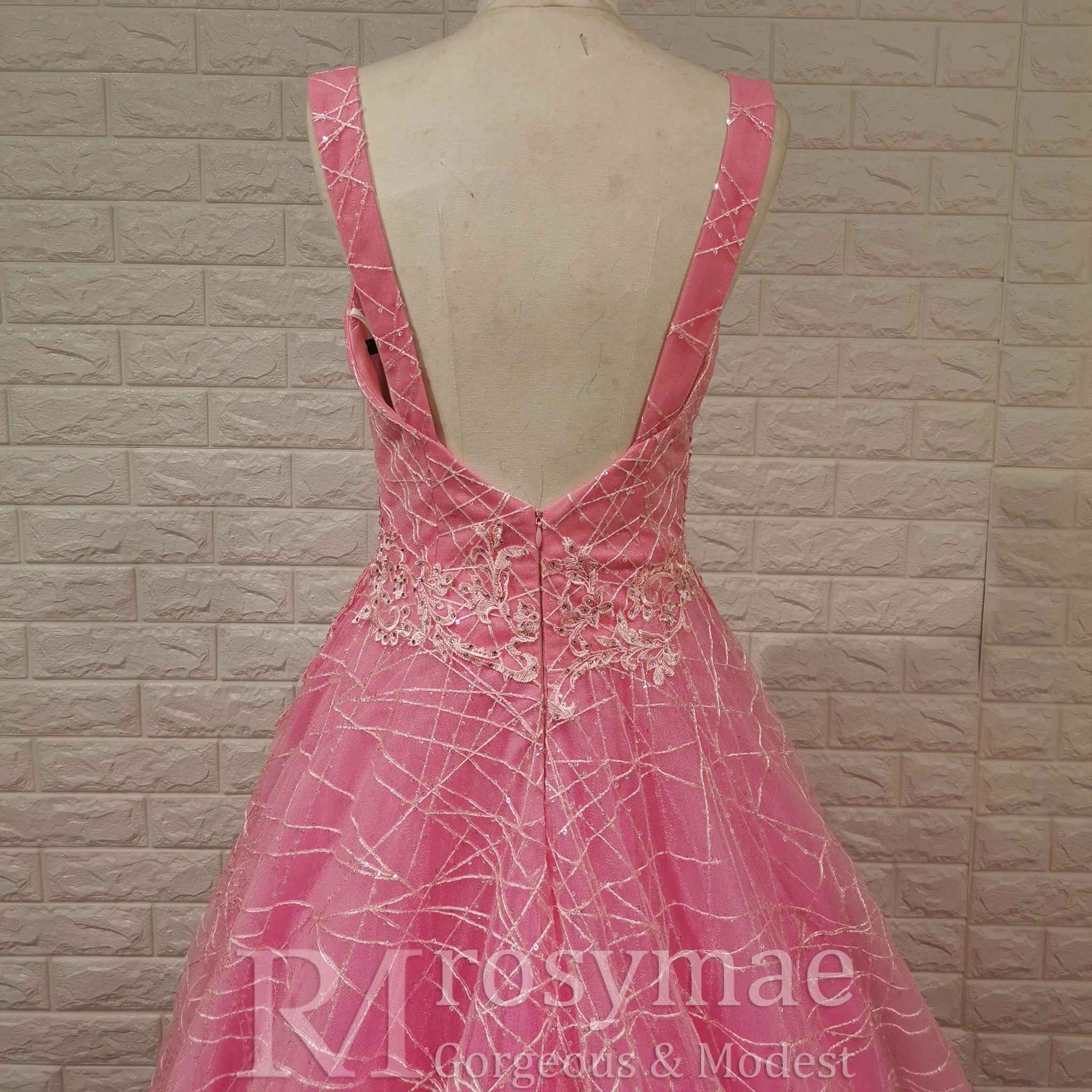 Rosymae Pink Prom Dress Elegant A-Line V-Neck Open Back Design Sparkling Gown with Chapel Train for Prom Weddings Formal Events