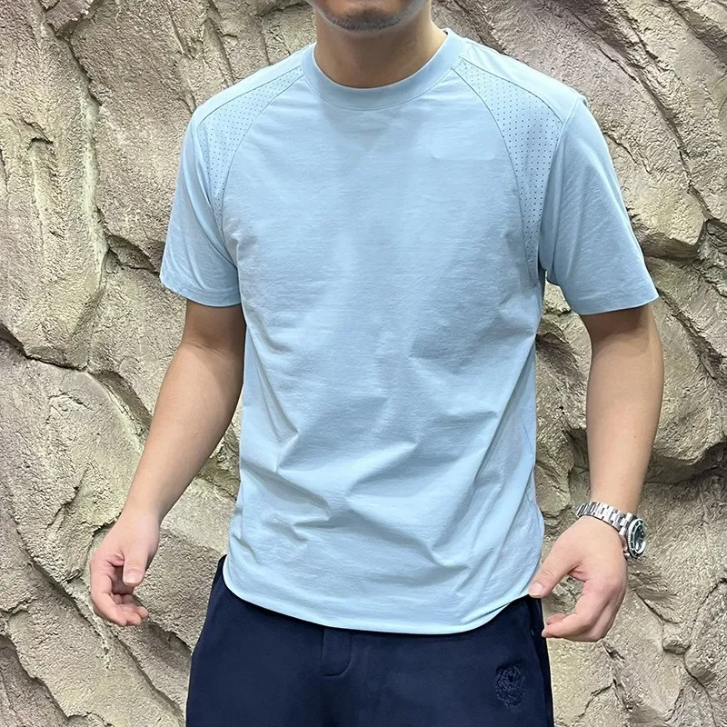 Men 3D Tailored Laser Perforated Shoulder Quick Dry Elastic Breathable Outdoor Short Sleeve T Shirt