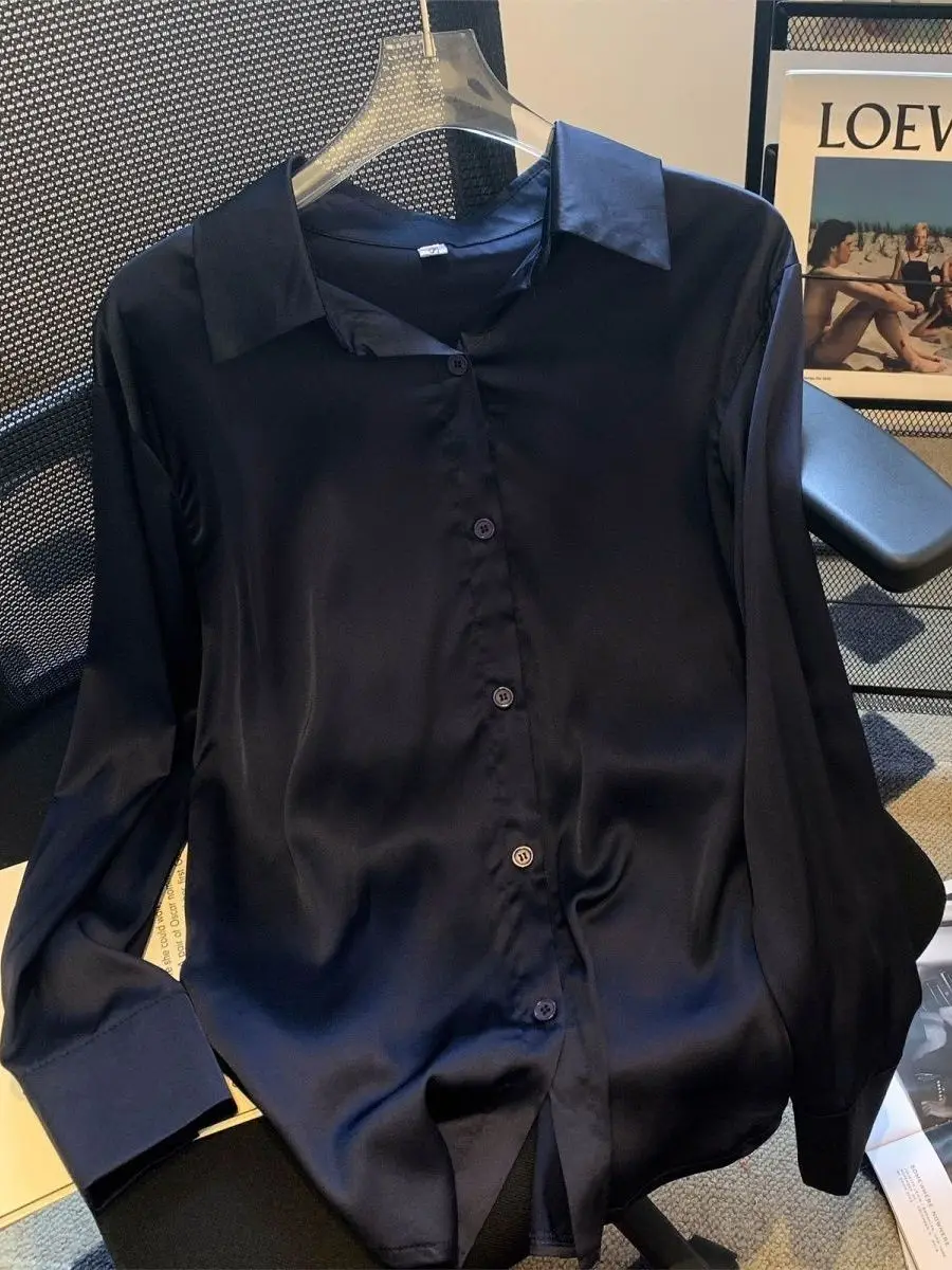 

Ele Bla Acetate Satin irt Women's Early Autumn Profional Loose Fit Long Sve Ne Top Faionable Draped Sle