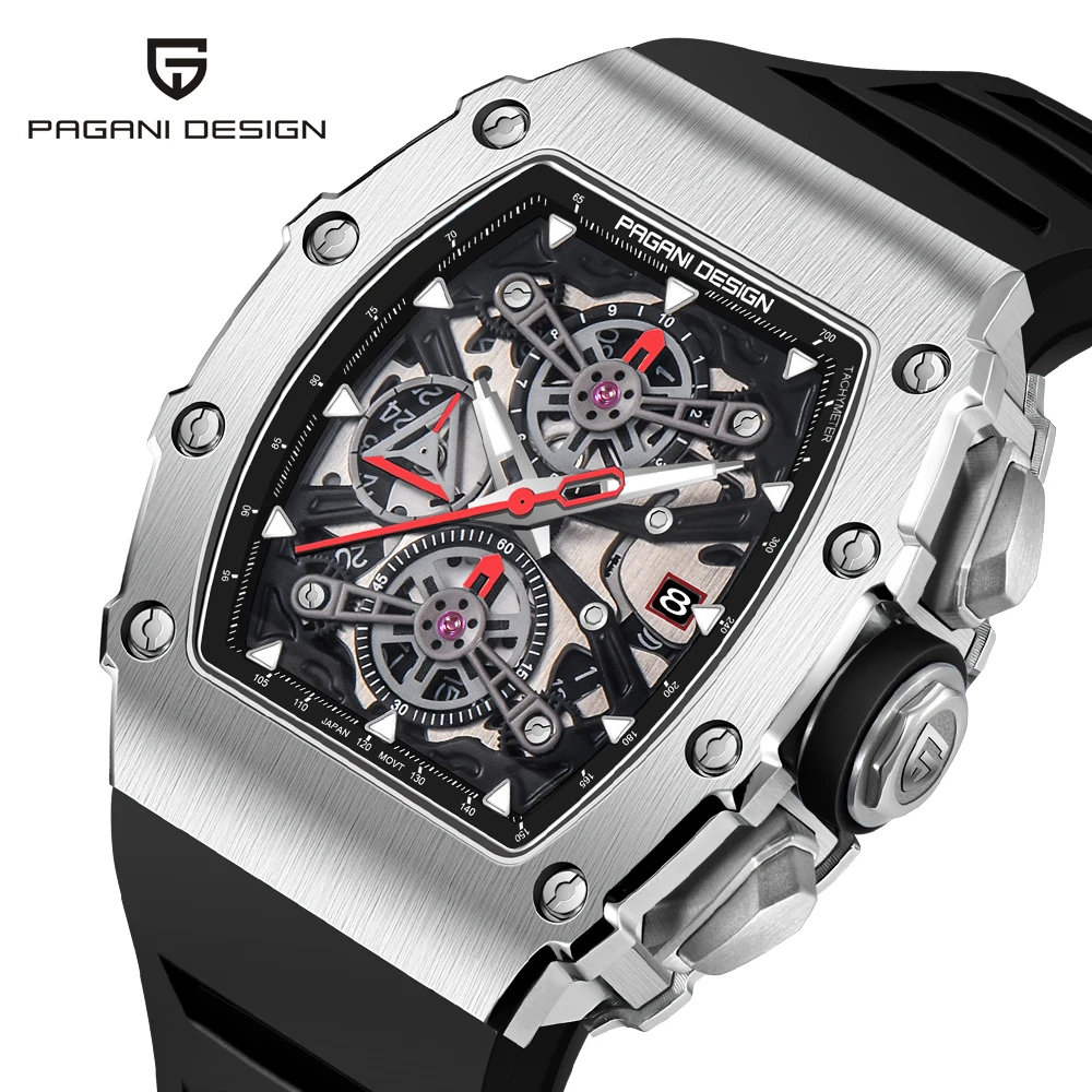 Pagani Design 2024 New Men Watch Luxury Quartz Watch For Men Skeleton Dial Chronograph 100M Waterproof Rectangle Sapphire glass