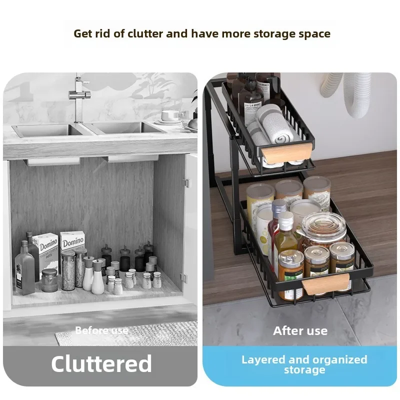 2 Tier Under Sink Organizer,Metal Pull Out Kitchen Cabinet Organizer with Sliding Drawer,Sturdy Kitchen Multi-Functional