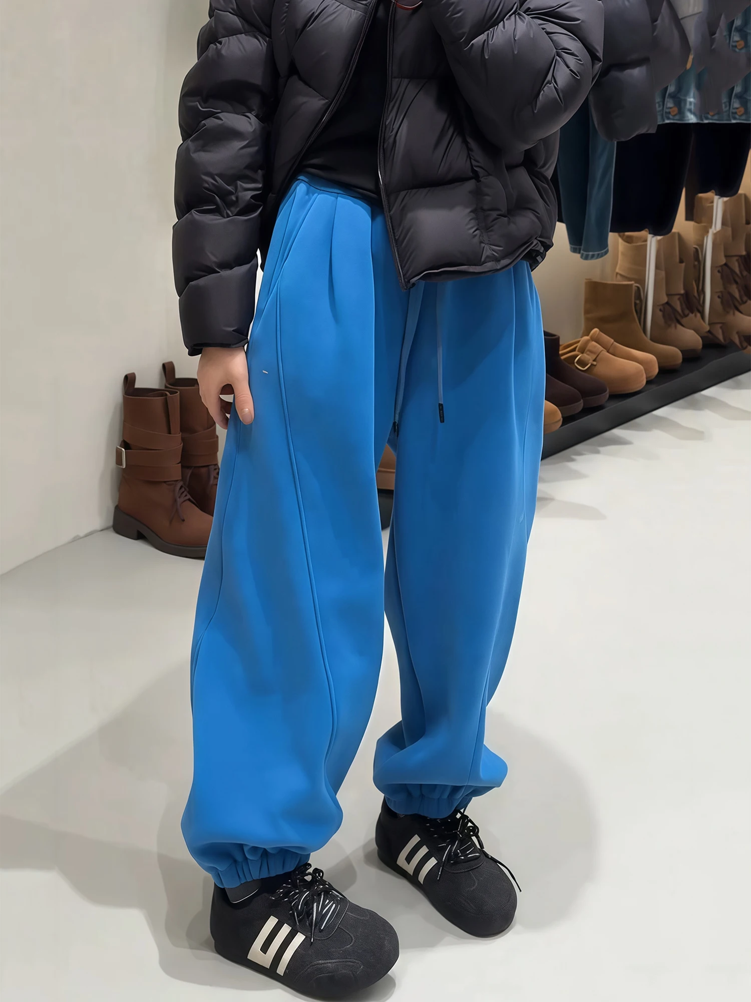 Blue Fleece Lined Fashionable Sweatpants Women's High Waist Drapey Sporty Casual Trousers American Style Cuffed Pants