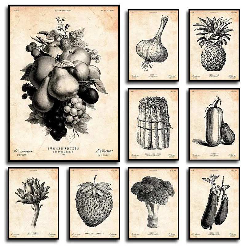 1PC  Vintage Fruit Vegetable Food Pumpkin Pineapple Posters and Prints Canvas Printing Wall Art Picture for Living Room Kitch